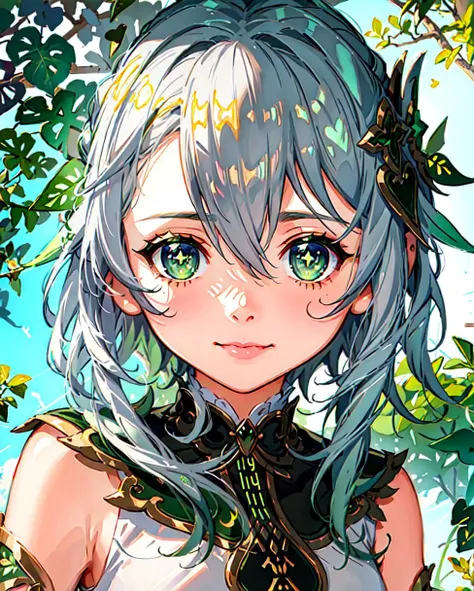 a   girl, <lora:nahidaGenshinImpact_v10:1> green eyes,cute smiled,elfe, ((intricate details)), hdr, ((intricate details, hyperdetailed)), (illustration), (anime), cartoon, detailed