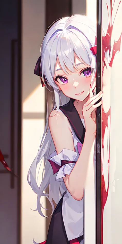 1girl, (yandere:1.4), (yandere trance:1.4), crazy, blood on face, backlighting, looking at viewer, white hair, purple eyes, blush, smile, yandere simulator,