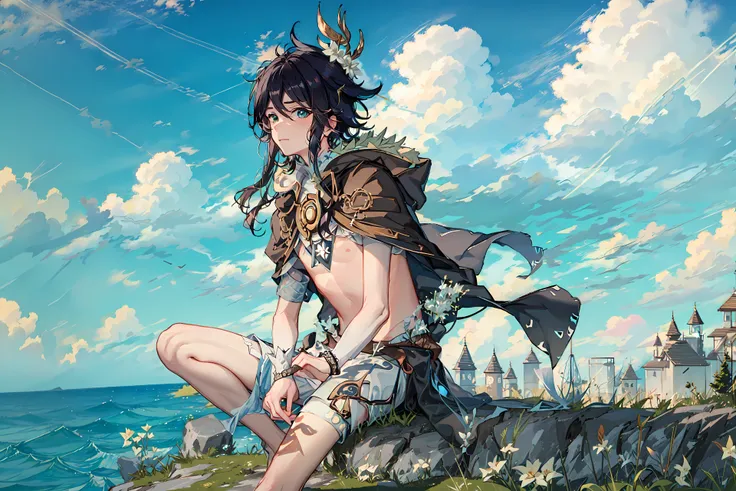 venti \(genshin impact\) a boy sitting high on mountaintop facing viewer, (ocean:0.7), clouds, grass, (white flowers:0.8) <lora:ventiGenshin_1:0.7>