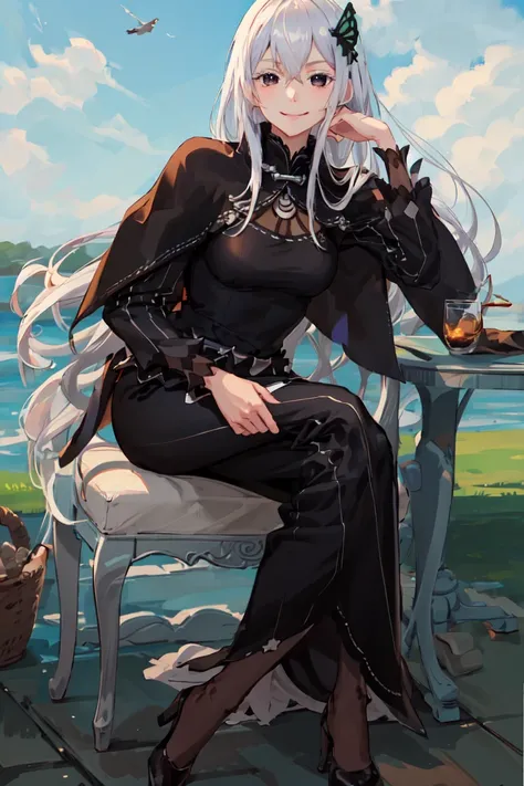 (masterpiece:1.3), best quality, <lora:echidna252_v10:1>, solo, 1girl, echidna \(re zero\), evil smile, sitting in a chair, crossed legs, hand on own face, long white hair, hair between eyes, butterfly hair ornament, black eyes, black dress, long sleeves, capelet, landscape scenery, grass plains, blue cloudy sky, full body