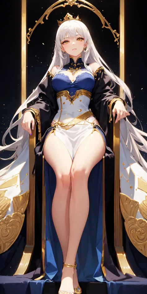 (Masterpiece:1.2), best quality, (illustration:1.2), (ultra-detailed), hyper details, (delicate detailed), (intricate details), (cinematic light, best quality Backlights), clear line, from below, solo female, perfect body, (1girl), white hair, glowing yellow eyes, (emperor, black see-through clothes),(crown:1.1), sitting on Throne, slightly close eyes, looking downward, turn head, ( shy:1.2), ((makeup)), high contrast, (best illumination, an extremely delicate and beautiful), ((cinematic light)), colorful,