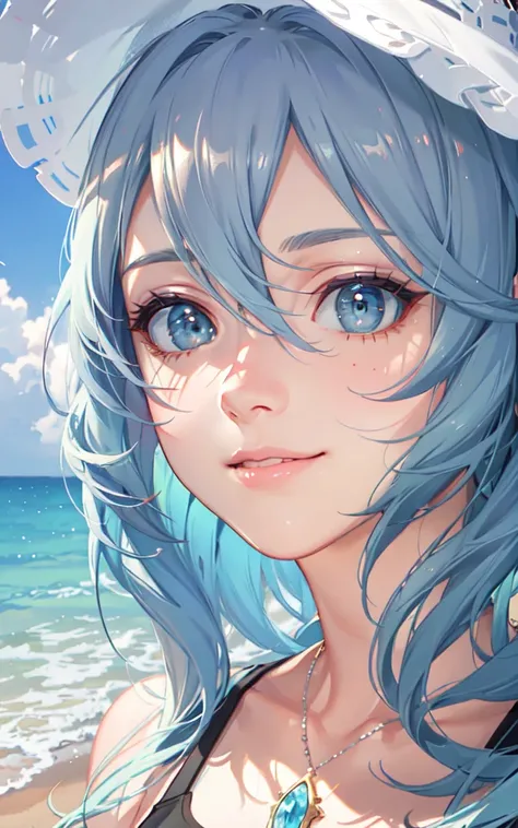 (masterpiece, finely detailed beautiful eyes: 1.2), (light-blue hair:1.2), (Zaffre eyes color:1.1), long hair, straight hair, (black tank top:1.2), realistic lighting, beautiful lighting, raytracing, photorealistic, (hyperrealistic:1.2), highres, 4k, 8k, (extremely detailed CG, 8k wallpaper:1.1), extremely detailed, sharp, digital illustration, detailed, realism, beautiful face, highly detailed face, ultra-realistic, masterpiece, detailed eyes, hyper-detailed, volumetric lighting, realistic shadows, intricate details, small details, cheerful, smile, (white hat:1.2), silver_necklace, high heels, (on the beach:1.2),