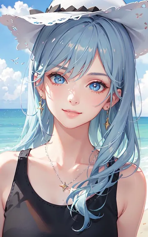 (masterpiece, finely detailed beautiful eyes: 1.2), (light-blue hair:1.2), (Zaffre eyes color:1.1), long hair, straight hair, (black tank top:1.2), realistic lighting, beautiful lighting, raytracing, photorealistic, (hyperrealistic:1.2), highres, 4k, 8k, (extremely detailed CG, 8k wallpaper:1.1), extremely detailed, sharp, digital illustration, detailed, realism, beautiful face, highly detailed face, ultra-realistic, masterpiece, detailed eyes, hyper-detailed, volumetric lighting, realistic shadows, intricate details, small details, cheerful, smile, (white hat:1.2), silver_necklace, high heels, (on the beach:1.2),