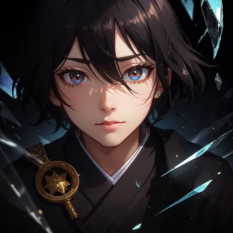 (masterpiece, best quality, ultra-detailed, best shadow), (detailed background, ancient japan), (detailed face), high contrast, (best illumination, an extremely delicate and beautiful), ((cinematic light)), colorful, hyper detail, dramatic light, intricate details, [1boy, solo, masculine, short black hair, sharp face, amber eyes, hair bushy, dynamic angle], blood splatter, swirling black light around the character, depth of field, black light particles,(broken glass),magic circle,