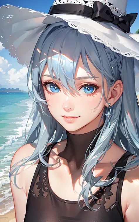 (masterpiece, finely detailed beautiful eyes: 1.2), (light-blue hair:1.2), (Zaffre eyes color:1.1), long hair, straight hair, (black tank top:1.2), realistic lighting, beautiful lighting, raytracing, photorealistic, (hyperrealistic:1.2), highres, 4k, 8k, (extremely detailed CG, 8k wallpaper:1.1), extremely detailed, sharp, digital illustration, detailed, realism, beautiful face, highly detailed face, ultra-realistic, masterpiece, detailed eyes, hyper-detailed, volumetric lighting, realistic shadows, intricate details, small details, cheerful, smile, (white hat:1.2), silver_necklace, high heels, (on the beach:1.2),