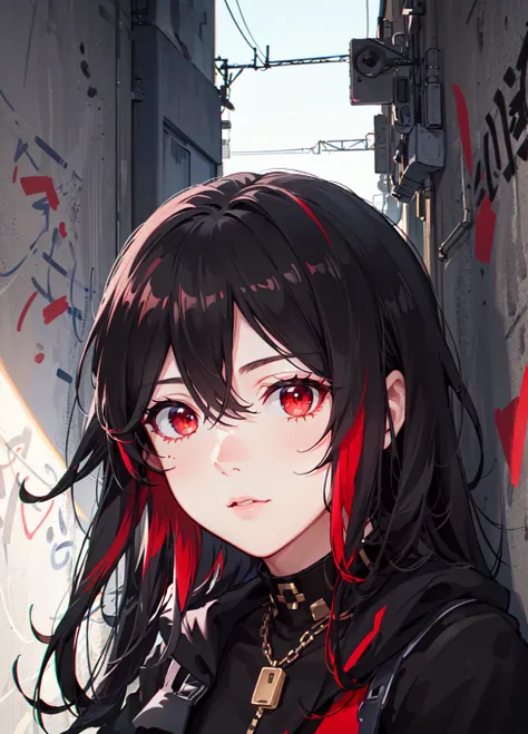 (masterpiece, best quality, 1girl, solo, intricate details, chromatic aberration),
long hair, black hair, messy hair, red highlights, hair over one eye, red eyes, sharp eyes,
choker, neon shirt, torn legwear, open jacket,
against wall, brick wall, graffiti, dim lighting, alley