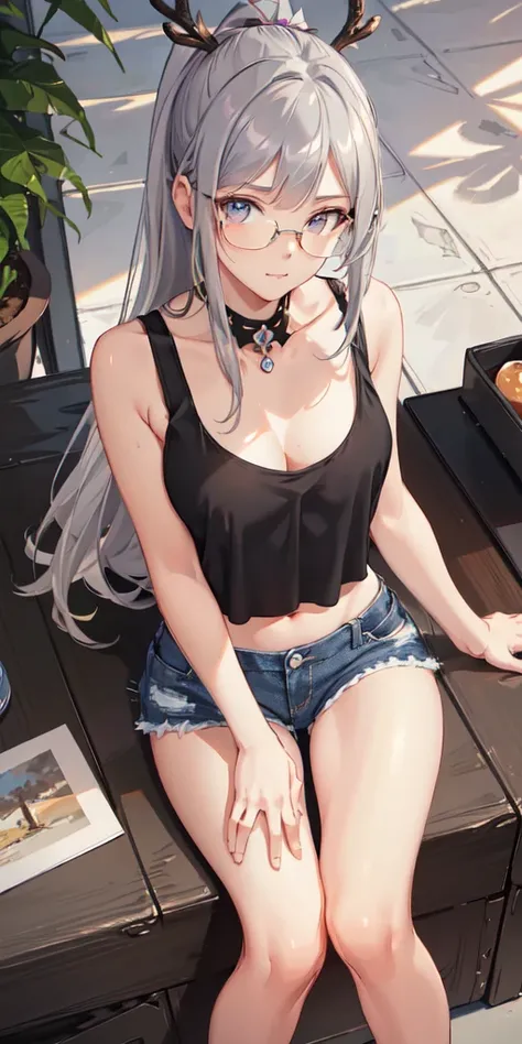 masterpiece, best quality, ultra-detailed, illustration,(1girl),beautiful detailed eyes, long gray hair, ponytail, (black tank top:1.2),  jean, sitting pose, (from above:1.2), medium breats, looking at viewer, navel, sunglasses, antlers