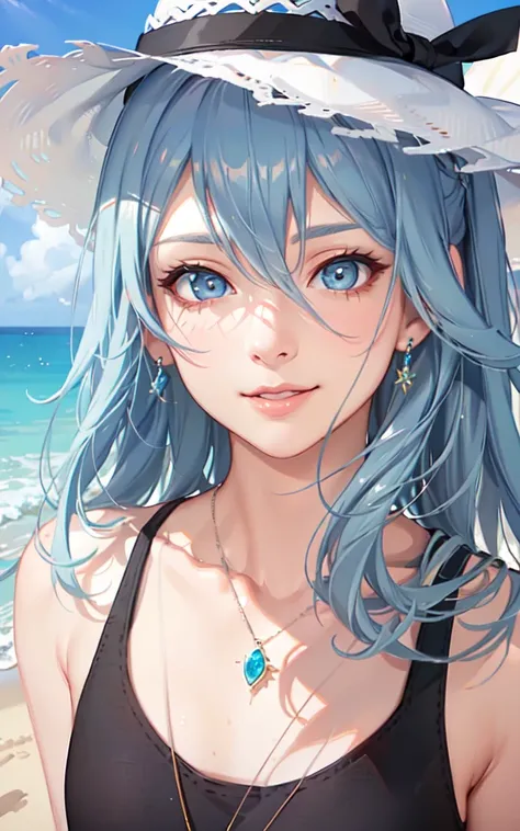 (masterpiece, finely detailed beautiful eyes: 1.2), (light-blue hair:1.2), (Zaffre eyes color:1.1), long hair, straight hair, (black tank top:1.2), realistic lighting, beautiful lighting, raytracing, photorealistic, (hyperrealistic:1.2), highres, 4k, 8k, (extremely detailed CG, 8k wallpaper:1.1), extremely detailed, sharp, digital illustration, detailed, realism, beautiful face, highly detailed face, ultra-realistic, masterpiece, detailed eyes, hyper-detailed, volumetric lighting, realistic shadows, intricate details, small details, cheerful, smile, (white hat:1.2), silver_necklace, high heels, (on the beach:1.2),