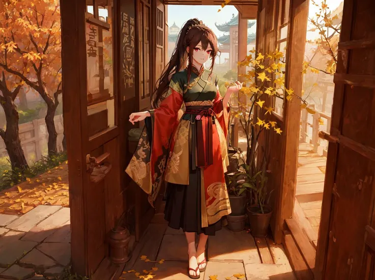 Best quality, masterpiece, 1 girl, brown hair, red eyes, full body portrait, detailed face, beautiful eyes, high ponytail, in autumn ginkgo forest, ancient Chinese architecture, ancient architecture of Tang dynasty, very detailed background
<lora:xiaoqing:0.5>