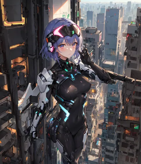 masterpiece, best quality, a girl in a high tech body suit flying from a highrise building, neon city, highrise, from above, mech wings, short hair, visor