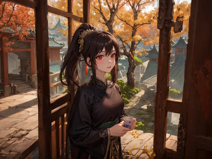 highres, masterpiece, best quality, ultra-detailed unity 8k wallpaper, extremely clear, Best quality, masterpiece, 1 girl, brown hair, red eyes, full body portrait, detailed face, beautiful eyes, high ponytail, in autumn ginkgo forest, ancient Chinese architecture, ancient architecture of Tang dynasty, very detailed background

 <lora:xiaoqing:0.5>