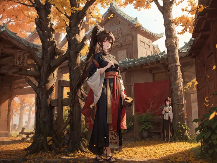 Best quality, masterpiece, 1 girl, brown hair, red eyes, full body portrait, detailed face, beautiful eyes, high ponytail, in autumn ginkgo forest, ancient Chinese architecture, ancient architecture of Tang dynasty, very detailed background

 <lora:xiaoqing:0.5>