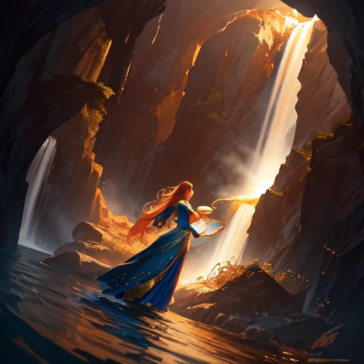magic, beautiful, super detailed, 8k, uhd, hdr, award winning, perfect composition, photo shoot, golden hour, perfect lighting, cinematic angle, dual tone, incredible eyes, incredible scenery, waterfall, floating hair, long dress