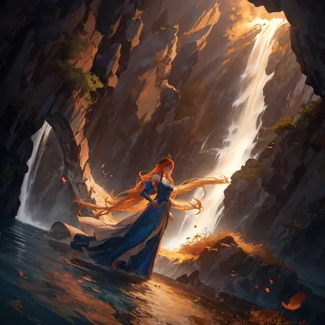 magic, beautiful, super detailed, 8k, uhd, hdr, award winning, perfect composition, photo shoot, golden hour, perfect lighting, cinematic angle, dual tone, incredible eyes, incredible scenery, waterfall, floating hair, long dress