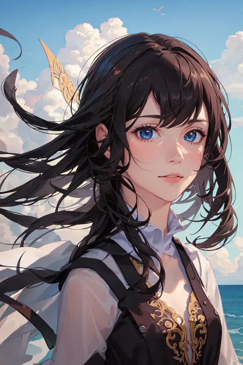 <(masterpiece, realistic:1.3), (extremely intricate:1.2)>, portrait of a girl, (face:1.2), floting hair, wind, cloud, sunlight, cinematic light, bangs, <hypernet:dalcefo_nocopy_v2:0.8>