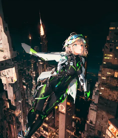 masterpiece, best quality, a girl in a high tech body suit flying from a highrise building, neon city, highrise, from above, rocket thrusters, short hair, visor, rocket wings