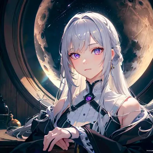 highres, highest quallity, illustration, cinematic light, ultra detailed, detailed face, (detailed eyes), best quality, hyper detailed, masterpiece, (detailed face),1girl, girl, white hair, purple eyes, highest details, luminous eyes, medium breats, sitting in bed, sitting, bed, window, night sky, lake outside, moon, full moon, backlighting, light rays, (high contrast), (colorful),