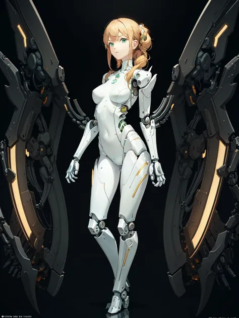masterpiece, best quality, movie,official art, promotional art, movie wallpaper, extremely detailed CG unity 4k wallpaper, intricate details, white background, full body, concept art, production art, (Mechanical components:1.5),(mechanical prosthesis:1.5), mechanical wings, wings, highres, (realistic, photo-realistic:1.2), physically-based rendering, machinery, reflection, realistic, cyberpunk, symmetric front view close up head shot eyes symmetry face very sharp focus realistic award winning matte drawing cinematic lighting
1girl, robot, (illustration:1.1), slim,
fair skin,delicate face, tights,shine, Bodysuit, (blond long hair),green eyes, laboratory,
chip, shine,braid <lora:breastinclassBetter_v14:0.3>