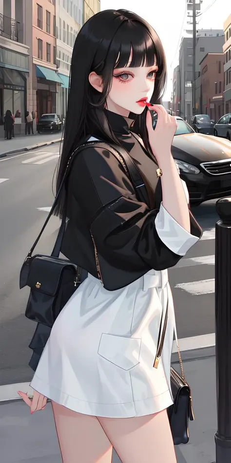 Long Black Hair beautiful Girl,blunt bangs,innocent face,street style clothing,lipgloss,eyelashes,light skin,beauty face,makeup, gloss-face,light skin,black eyes, narrow waist,masterpiece, <lora:fashionGirl_v50:0.6>,<lora:rpg_V4:0.4>
