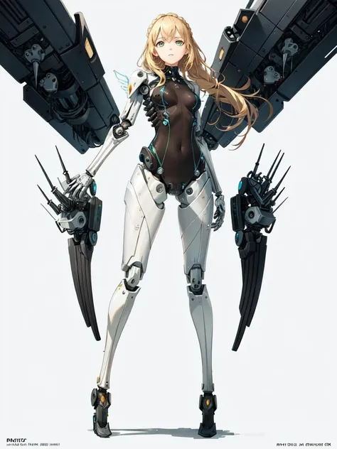 masterpiece, best quality, movie,official art, promotional art, movie wallpaper, extremely detailed CG unity 4k wallpaper, intricate details, white background, full body, concept art, production art, (Mechanical components:1.5),(mechanical prosthesis:1.5), mechanical wings, wings, highres, (realistic, photo-realistic:1.2), physically-based rendering, machinery, reflection, realistic, cyberpunk, symmetric front view close up head shot eyes symmetry face very sharp focus realistic award winning matte drawing cinematic lighting
1girl, robot, (illustration:1.1), slim,
fair skin,delicate face, tights,shine, Bodysuit, (blond long hair),green eyes, laboratory,
chip, shine,braid <lora:breastinclassBetter_v14:0.2>