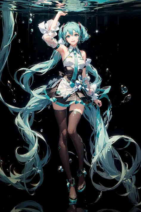 1girl, smile, (vocaloid), ((Hatsune Miku)), ((blue teal hair)), (long hair), looking at the viewer, volumetric lighting, dynamic pose