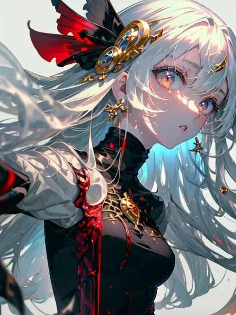((masterpiece,best quality)),beautiful detailed eyes, detailed face, 1girl,white long hair, red eyes, small sized breasts,looks at the viewer, blood on the face, (black background:1.2), bloody particles, full body,<lora:beautifulDetailedEyes_v10:1.2>