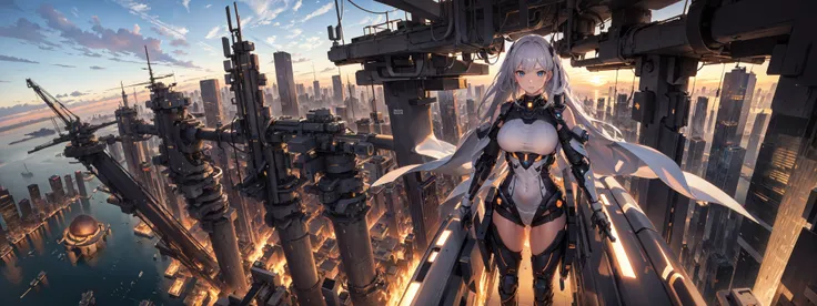 highres, absurdres, masterpiece, high quality, highly detailed, aerial view of a futuristic city skyline, sunset
AND
1girl, large breasts, high tech, futuristic, bodysuit, hovering