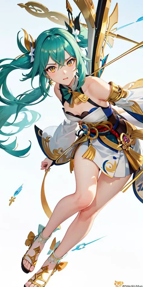 (masterpiece, best quality, ultra-detailed, best shadow), (detailed background,dark fantasy), (beautiful detailed face), high contrast, (best illumination, an extremely delicate and beautiful), ((cinematic light)), colorful, hyper detail, dramatic light, intricate details, (1 girl, solo,green hair, sharp face,low twintails,golden eyes, hair between eyes,dynamic angle), full body,bow,archer,flying arrows,genshin impact ,Yoimiya