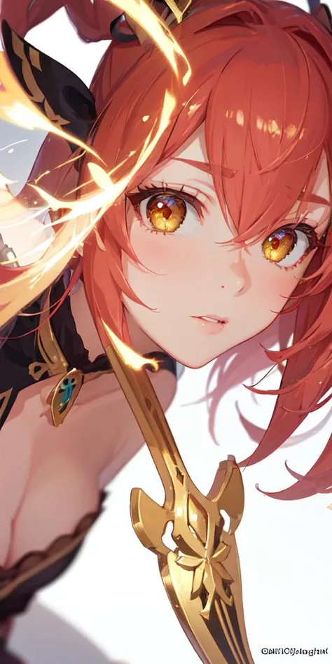 (masterpiece, best quality, ultra-detailed, best shadow), (detailed background,dark fantasy), (beautiful detailed face), high contrast, (best illumination, an extremely delicate and beautiful), ((cinematic light)), colorful, hyper detail, dramatic light, intricate details, (1 girl, solo,red hair, sharp face,low twintails,golden eyes, hair between eyes,dynamic angle), full body,bow,archer,flying arrows,genshin impact ,Yoimiya