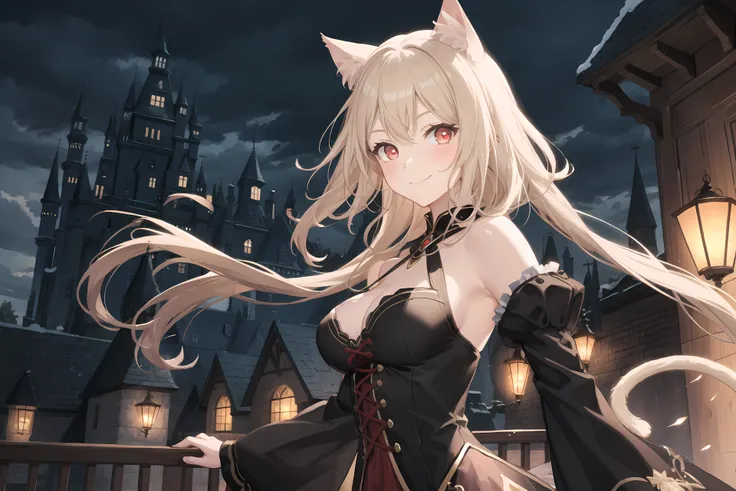 landscape, 1girl, solo, cute, from side, upper body, dynamic pose, castle,
long blonde hair, red crimson eyes, glowing eyes, medium breasts, cat ears, dress,
looking at viewer, smile, blush