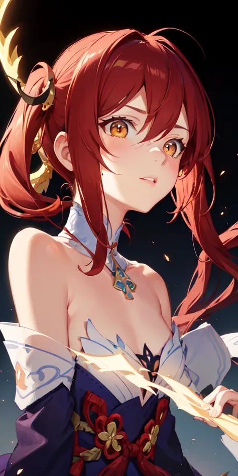 (masterpiece, best quality, ultra-detailed, best shadow), (detailed background,dark fantasy), (beautiful detailed face), high contrast, (best illumination, an extremely delicate and beautiful), ((cinematic light)), colorful, hyper detail, dramatic light, intricate details, (1 girl, solo,red hair, sharp face,low twintails,golden eyes, hair between eyes,dynamic angle), full body,bow,archer,flying arrows,genshin impact ,Yoimiya