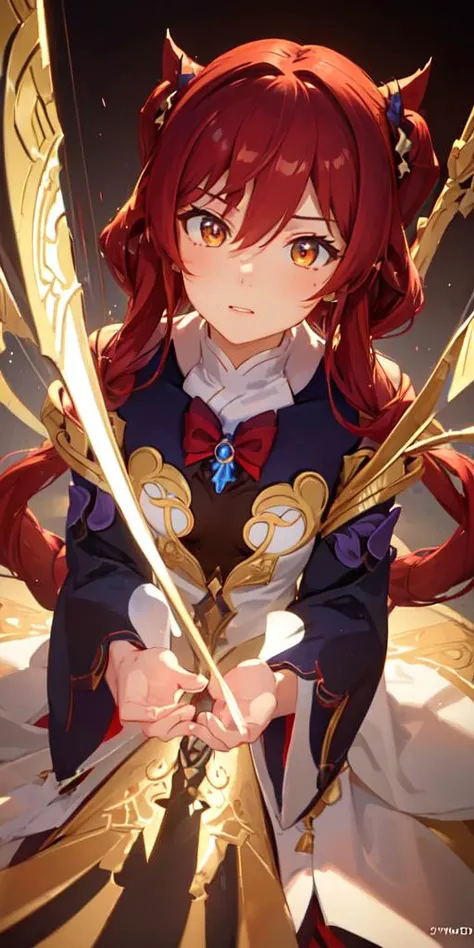 (masterpiece, best quality, ultra-detailed, best shadow), (detailed background,dark fantasy), (beautiful detailed face), high contrast, (best illumination, an extremely delicate and beautiful), ((cinematic light)), colorful, hyper detail, dramatic light, intricate details, (1 girl, solo,red hair, sharp face,low twintails,golden eyes, hair between eyes,dynamic angle), full body,bow,archer,flying arrows,genshin impact ,Yoimiya