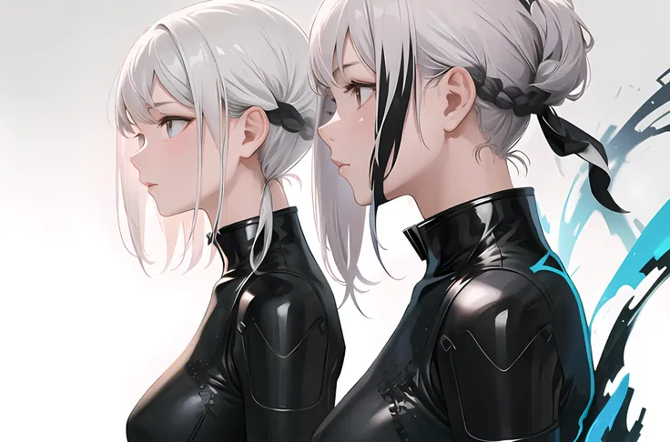 highres,, masterpiece, high quality, highly detailed, , girl in a scifi bodysuit , white hair, side view,half body,