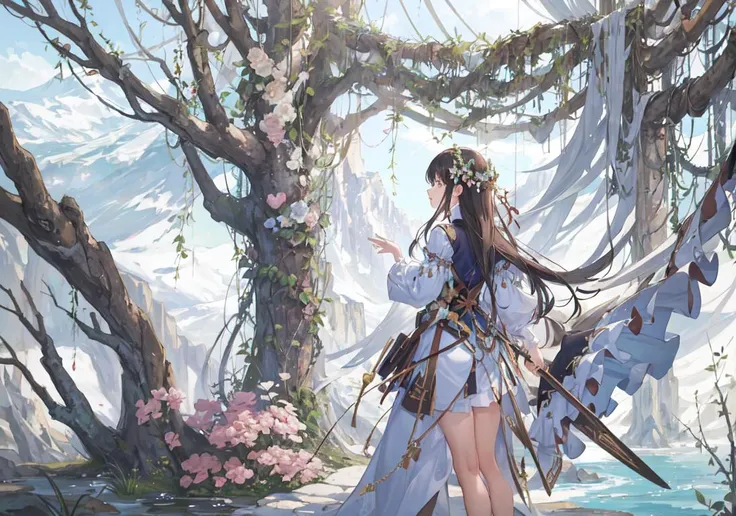 highres, absurdres, masterpiece, high quality, highly detailed, scenery of a mountain range, forest, nature, river AND 1girl, flowers and petals, beautiful concept illustration, looking out over a large forest in the background, from behind <lora:towerOfFantasyLan_10:.1>
