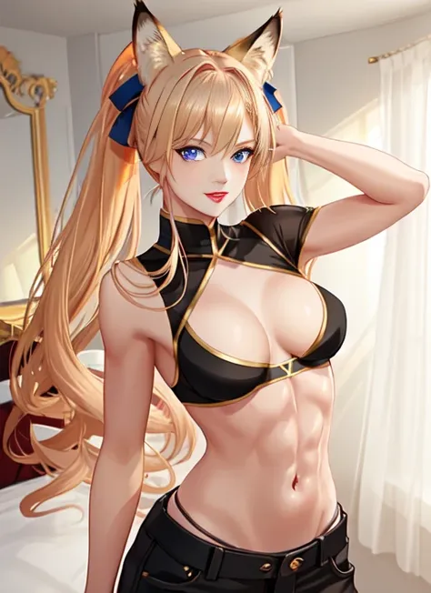 fox ears, fighting stance, stomach, black pants, pants pull, midriff, stomach, no bra, muscular female, undressing, naked breasts, blonde hair, medium hair, twintails, blue eyes, full shot body photo of elegant girl, medium breast, sexually suggestive, seductive smiling, red lipstick, sexy, Intricate, High Detail, Sharp focus, dramatic, photorealistic, best quality, masterpiece, on ring