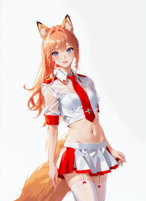 fox ears, posing, (soviet girl:1.3), vneckline, stomach, wet white shirt, zettai ryouiki, white thighhighs, red miniskirt, red necktie, blonde hair, medium hair, ponytail, blue eyes, full shot body photo of elegant girl, medium breast, sexually suggestive, seductive smiling, red lipstick, sexy, Intricate, High Detail, Sharp focus, dramatic, photorealistic, best quality, masterpiece
