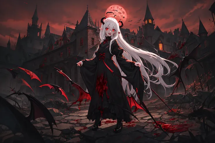 (masterpiece:1.2, best quality),(best illumination, an extremely delicate and beautiful),(best illumination, an extremely delicate and beautiful), (beautiful detailed face), (finely detailed eyes and detailed face:1.4), dark fantasy, (young girl, small beasts, 1girl, solo, crazy smile, pale skin, white hair, red glowing eyes, dynamic angle, vampire), (gaint vampire castle in background), (red moon, red sky), pointy_ears, fangs, demon wings, demon horns, blood on face, blood rain, blood fog, (depth of field), high contrast, (blood splatter:1.4), full body