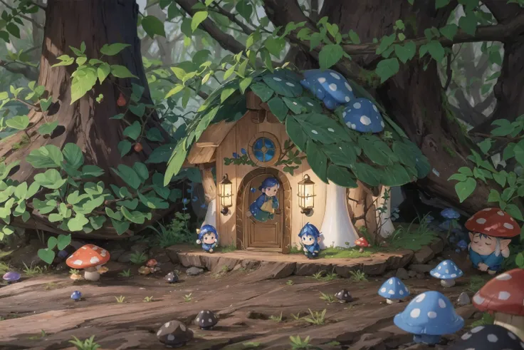 masterpiece, macro photograph of a tiny gnome house in a forest, dusk, mushrooms, dewdrops, studio ghibli style, highly intricate, highly detailed, photorealism style