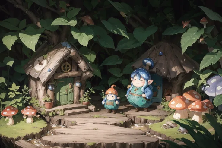 masterpiece, macro photograph of a tiny gnome house in a forest, dusk, mushrooms, dewdrops, high contrast, studio ghibli style, highly intricate, highly detailed, photorealism style
