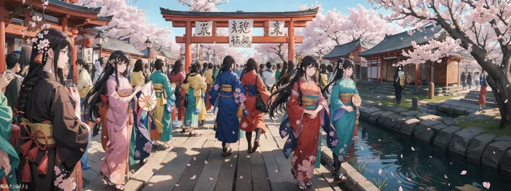 masterpiece, a crowded bridge in a feudal japanese city, busy, crowded, crowd, cherry blossoms, sunny, studio ghibli style, highly intricate, highly detailed, photorealism style