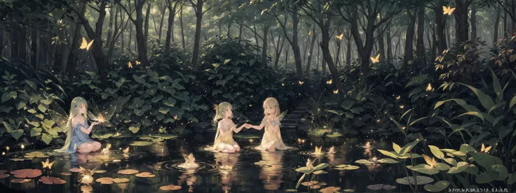 masterpiece, fairies playing in a pond in the forest, fireflies, butterflies, pixiedust, sunny, studio ghibli style, highly intricate, highly detailed, photorealism style