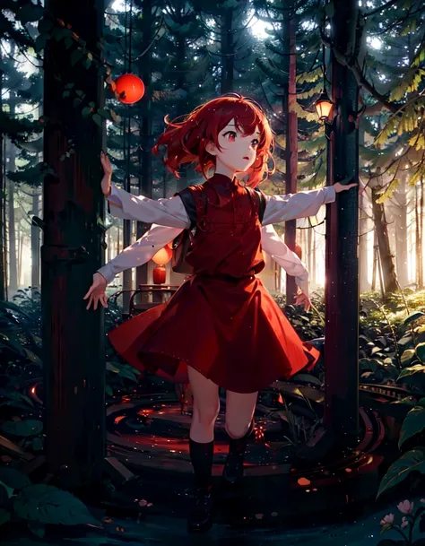 (Ultra detailed:0.9), <lora:epiNoiseoffset_v2:1>, (natural lighting:0.8), (grainy:0.7), dark forest AND shining particles AND shining light circle on ground, lines, circles, small circles, large circles AND girl, levitating, (spread arms:1.2), (red small light ball in right hand:1.2), speaking, shining red eyes, menacing,,(Vivid Colors:0.55)