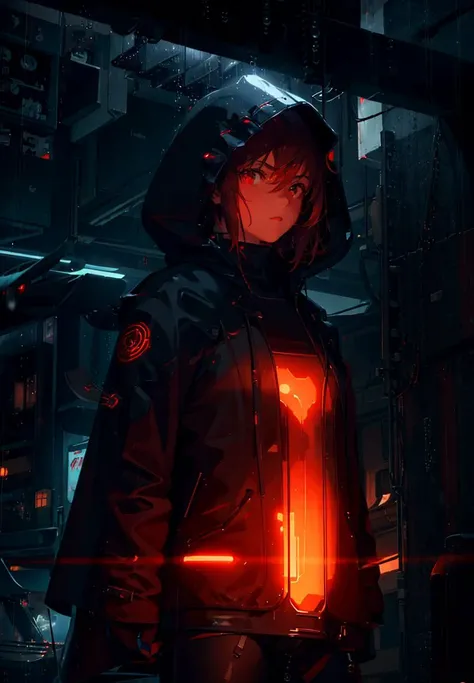 (Ultrarealistic:1.3),<lora:epiNoiseoffset_v2:1>, (grainy:0.8), natural lighting, futuristic city, (raining:1.3), (dark:1.3), (fog:1.2), red lights, orange lights, blue lights AND girl, cape with hood, light logo, cyberpunk clothing, red lights, orange lights,(Electric Colors:0.7)
