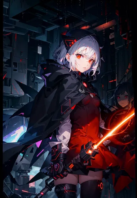 (Ultra detailed:1.3),<lora:epiNoiseoffset_v2:1>, (grainy:0.8), natural lighting, futuristic city, (raining:1.3), (dark:1.3), (fog:1.2), red lights, orange lights, blue lights AND left half of girl, cape with hood, light logo, [cyberpunk clothing:torn fabric:0.32], red lights, orange lights, menacing, sharp, (pointing weapon at the viewer:1.2), white hair, fire AND right half of girl, cape with hood, light logo, [cyberpunk clothing:torn fabric:0.32], blue lights, purple lights, menacing, sharp, (pointing weapon at the viewer:1.2), black hair, ice,(Colorful:0.75)