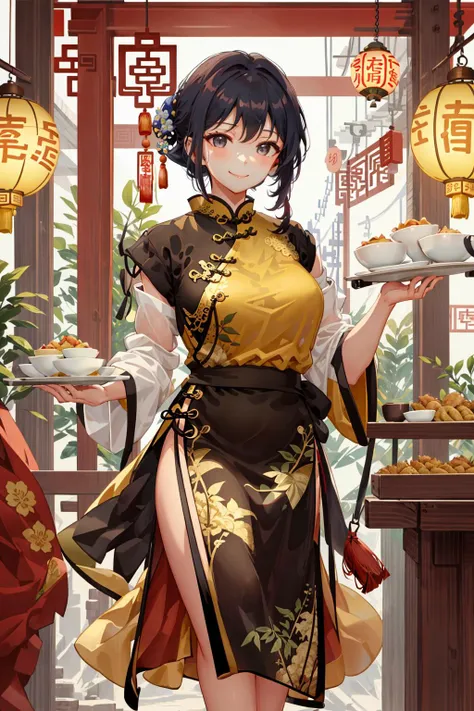 masterpiece best quality photograph, dynamic angle,  golden ratio,   1girl, waitress girl in Chinese restaurant, (cleavage:0.5),  holding large tray, floral pattern silk Cheongsam, smile, bamboo, studio lightning,