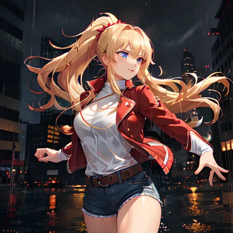 (extremely detailed CG unity 8k wallpaper, masterpiece, best quality, ultra-detailed, best shadow), beautiful detailed glow, cowboy shot, cinematic, cinematic lighting, 1girl, (beautiful detailed face, beautiful detailed eyes), (sly eyes), blue eyes, smirk, (white gym shirt), (red jacket), (short jeans), white shocks, red sneakers, wet skin, fingerless gloves, black gloves, normal breast, (blond hair:1.4), long hair, floating hair, ponytail, red hairband, (city background), (rain:1.2), backlighting, light particles, thunder, dynamic pose, five fingers, proper fingers, running, energetic, excitement, powerful