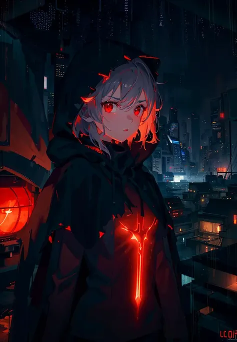 (Ultra detailed:1.3),<lora:epiNoiseoffset_v2:1>, (grainy:0.8), natural lighting, futuristic city, (raining:1.3), (dark:1.3), (fog:1.2), red lights, orange lights, blue lights AND girl, cape with hood, light logo, [cyberpunk clothing:torn fabric:0.35], red lights, orange lights, menacing, sharp, (pointing weapon at the viewer:1.2),(Cold Colors:0.75)