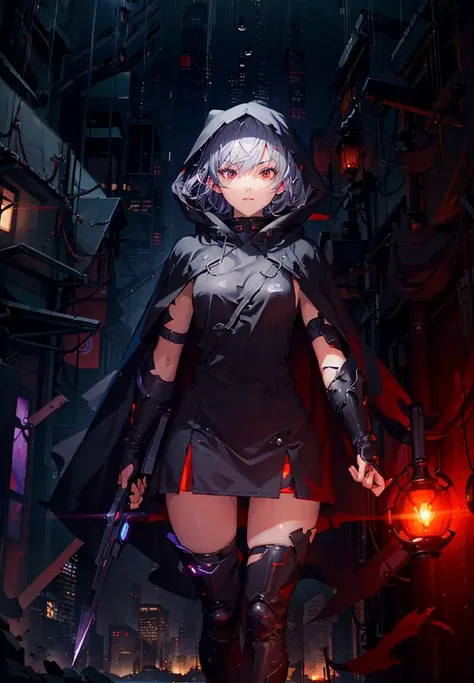 (Ultra detailed:1.3),<lora:epiNoiseoffset_v2:1>, (grainy:0.8), natural lighting, futuristic city, (raining:1.3), (dark:1.3), (fog:1.2), red lights, orange lights, blue lights AND left half of girl, cape with hood, light logo, [cyberpunk clothing:torn fabric:0.32], red lights, orange lights, menacing, sharp, (pointing weapon at the viewer:1.2), white hair AND right half of girl, cape with hood, light logo, [cyberpunk clothing:torn fabric:0.32], blue lights, purple lights, menacing, sharp, (pointing weapon at the viewer:1.2), black hair,(Cold Colors:0.75)