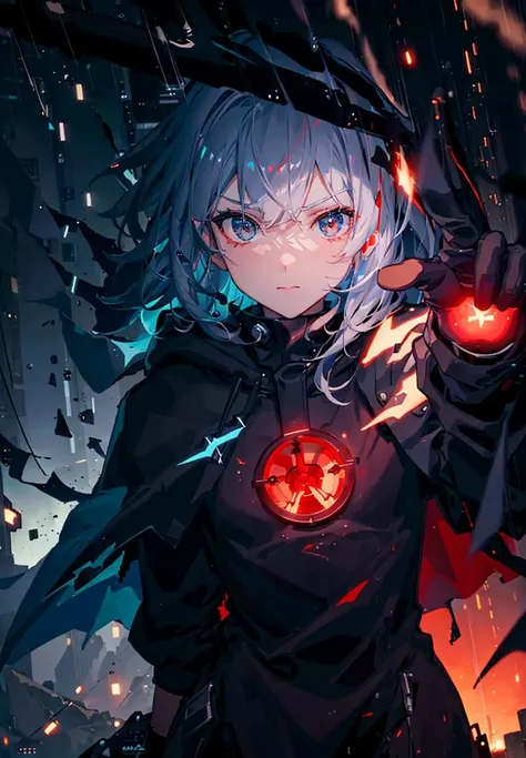 (Ultra detailed:1.3),<lora:epiNoiseoffset_v2:1>, (grainy:0.8), natural lighting, futuristic city, (raining:1.3), (dark:1.3), (fog:1.2), red lights, orange lights, blue lights AND half of girl, cape with hood, light logo, [cyberpunk clothing:torn fabric:0.32], red lights, orange lights, menacing, sharp, (pointing weapon at the viewer:1.2), white hair AND half of girl, cape with hood, light logo, [cyberpunk clothing:torn fabric:0.32], blue lights, green lights, menacing, sharp, (pointing weapon at the viewer:1.2), black hair,(Cold Colors:0.75)
