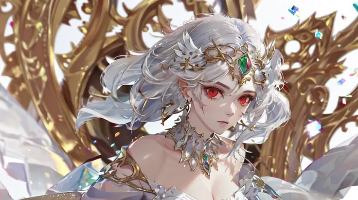 best quality, masterpiece,highly detailed,semi-realistic,1girl,mature female,upper body,cleric,hiqcgbody,medium breasts,cleavage,perfect face,red eyes,white hair,white eyebrows,ornament,gem,earrings,castle in background,depth of field,blurry background,looking at viewer,motion blur,dynamic angle,